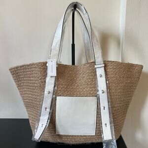 NWT Metallic Silver Thread Woven Tote Bag with Adjustable Straps Front Pocket